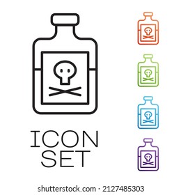 Black line Poison in bottle icon isolated on white background. Bottle of poison or poisonous chemical toxin. Set icons colorful. Vector