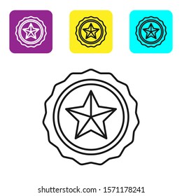 Black line Police badge icon isolated on white background. Sheriff badge sign. Set icons colorful square buttons. Vector Illustration