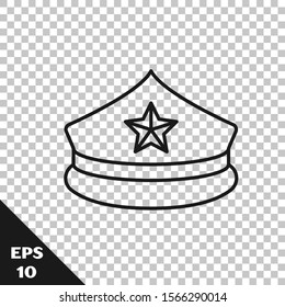 Black line Police cap with cockade icon isolated on transparent background. Police hat sign.  Vector Illustration