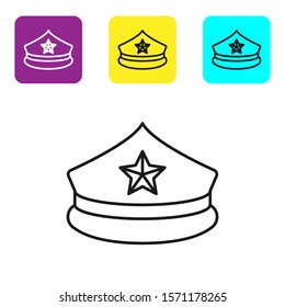 Black line Police cap with cockade icon isolated on white background. Police hat sign. Set icons colorful square buttons. Vector Illustration