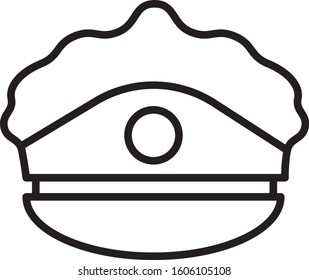 Black line Police cap with cockade icon isolated on white background. Police hat sign.  Vector Illustration
