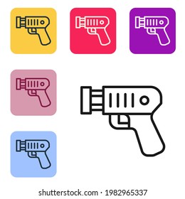 Black line Police electric shocker icon isolated on white background. Shocker for protection. Taser is an electric weapon. Set icons in color square buttons. Vector