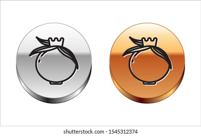 Black line Pomegranate icon isolated on white background. Garnet fruit. Silver-gold circle button. Vector Illustration