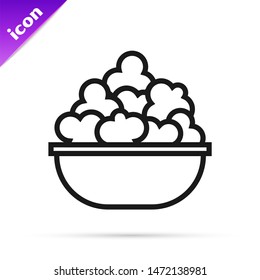 Black line Popcorn in bowl icon isolated on white background. Popcorn bucket box.  Vector Illustration