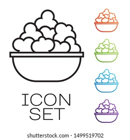 Black line Popcorn in bowl icon isolated on white background. Popcorn bucket box. Set icons colorful. Vector Illustration