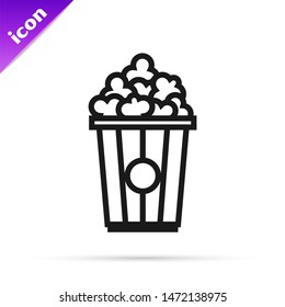 Black line Popcorn in cardboard box icon isolated on white background. Popcorn bucket box.  Vector Illustration