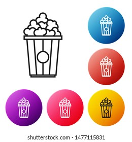 Black line Popcorn in cardboard box icon isolated on white background. Popcorn bucket box. Set icons colorful circle buttons. Vector Illustration