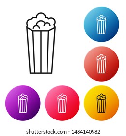Black line Popcorn in cardboard box icon isolated on white background. Popcorn bucket box. Set icons colorful circle buttons. Vector Illustration