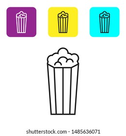 Black line Popcorn in cardboard box icon isolated on white background. Popcorn bucket box. Set icons colorful square buttons. Vector Illustration