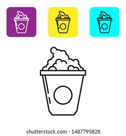 Black line Popcorn in cardboard box icon isolated on white background. Popcorn bucket box. Set icons colorful square buttons. Vector Illustration