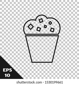 Black line Popcorn in cardboard box icon isolated on transparent background. Popcorn bucket box.  Vector Illustration