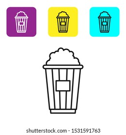 Black line Popcorn in cardboard box icon isolated on white background. Popcorn bucket box. Set icons colorful square buttons. Vector Illustration