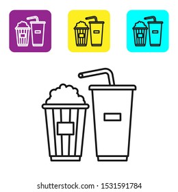 Black line Popcorn in cardboard box and paper glass with drinking straw and water icon isolated on white background. Soda drink glass. Set icons colorful square buttons. Vector Illustration