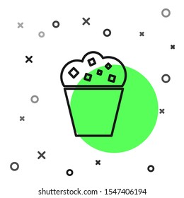 Black line Popcorn in cardboard box icon isolated on white background. Popcorn bucket box.  Vector Illustration