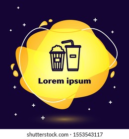 Black line Popcorn in cardboard box and paper glass with drinking straw and water icon isolated on dark blue background. Soda drink glass. Abstract banner with liquid shapes. Vector Illustration