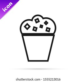 Black line Popcorn in cardboard box icon isolated on white background. Popcorn bucket box.  Vector Illustration