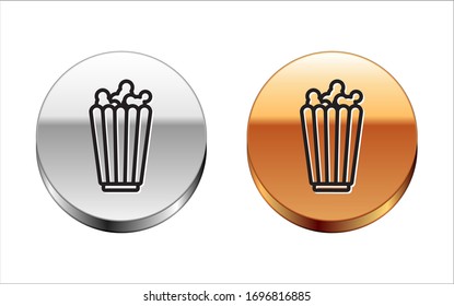 Black line Popcorn in cardboard box icon isolated on white background. Popcorn bucket box. Silver-gold circle button. Vector Illustration