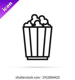 Black line Popcorn in cardboard box icon isolated on white background. Popcorn bucket box.  Vector
