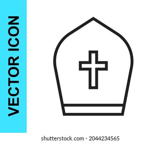 Black line Pope hat icon isolated on white background. Christian hat sign.  Vector