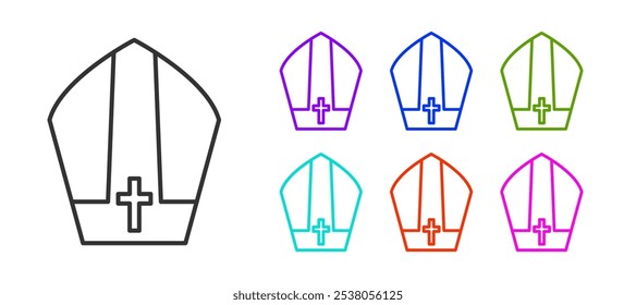 Linha preta Ícone do chapéu do Papa isolado no fundo branco. Sinal de chapéu cristão. Defina os ícones com cores. Vetor