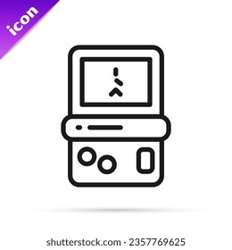 Línea negra Icono de juego electrónico portátil aislado en fondo blanco. Juego de ladrillo de bolsillo de estilo vintage. Dispositivo interactivo de reproducción.  Vector