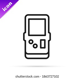 Black line Portable tetris electronic game icon isolated on white background. Vintage style pocket brick game. Interactive playing device.  Vector