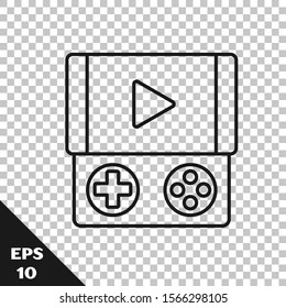 Black line Portable video game console icon isolated on transparent background. Gamepad sign. Gaming concept.  Vector Illustration