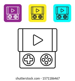 Black line Portable video game console icon isolated on white background. Gamepad sign. Gaming concept. Set icons colorful square buttons. Vector Illustration