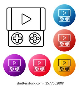 Black line Portable video game console icon isolated on white background. Gamepad sign. Gaming concept. Set icons colorful circle buttons. Vector Illustration