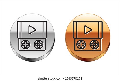 Black line Portable video game console icon isolated on white background. Gamepad sign. Gaming concept. Silver-gold circle button. Vector Illustration