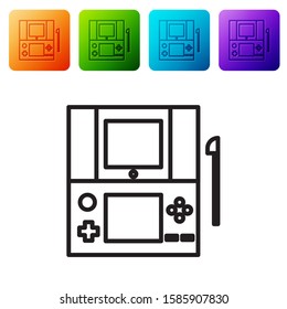 Black line Portable video game console icon isolated on white background. Gamepad sign. Gaming concept. Set icons in color square buttons. Vector Illustration
