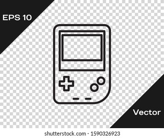 Black line Portable video game console icon isolated on transparent background. Gamepad sign. Gaming concept.  Vector Illustration