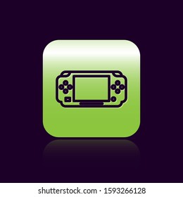 Black line Portable video game console icon isolated on black background. Gamepad sign. Gaming concept. Green square button. Vector Illustration
