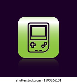 Black line Portable video game console icon isolated on black background. Gamepad sign. Gaming concept. Green square button. Vector Illustration