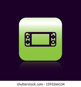 Black line Portable video game console icon isolated on black background. Gamepad sign. Gaming concept. Green square button. Vector Illustration