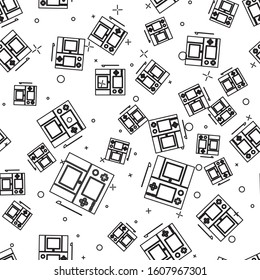 Black line Portable video game console icon isolated seamless pattern on white background. Gamepad sign. Gaming concept.  Vector Illustration