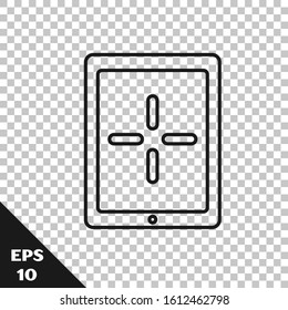 Black line Portable video game console icon isolated on transparent background. Gamepad sign. Gaming concept.  Vector Illustration