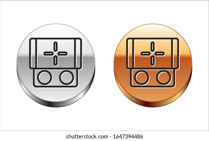 Black line Portable video game console icon isolated on white background. Gamepad sign. Gaming concept. Silver-gold circle button. Vector Illustration