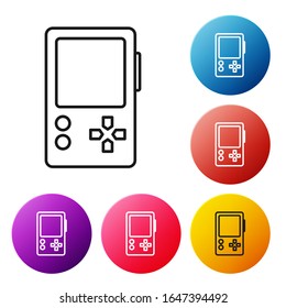 Black line Portable video game console icon isolated on white background. Gamepad sign. Gaming concept. Set icons colorful circle buttons. Vector Illustration