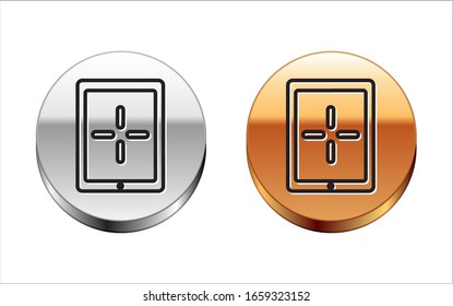Black line Portable video game console icon isolated on white background. Gamepad sign. Gaming concept. Silver-gold circle button. Vector Illustration