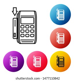 Black line Pos terminal with inserted credit card icon isolated on white background. Payment terminal transaction. Pay by card. Set icons colorful circle buttons. Vector Illustration