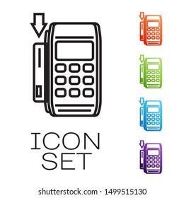 Black line Pos terminal with inserted credit card icon isolated on white background. Payment terminal transaction. Pay by card. Set icons colorful. Vector Illustration