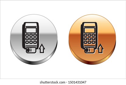 Black line Pos terminal with inserted credit card icon isolated on white background. Payment terminal transaction. Pay by card. Silver-gold circle button. Vector Illustration