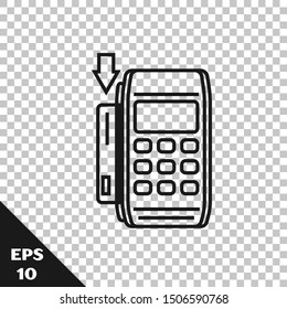 Black line Pos terminal with inserted credit card icon isolated on transparent background. Payment terminal transaction. Pay by card.  Vector Illustration