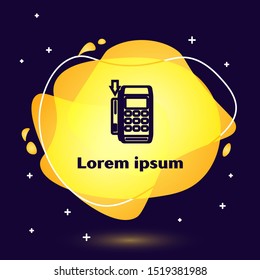 Black line Pos terminal with inserted credit card icon isolated on dark blue background. Payment terminal transaction. Pay by card. Abstract banner with liquid shapes. Vector Illustration