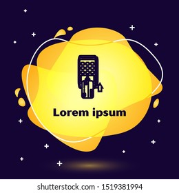 Black line Pos terminal with inserted credit card icon isolated on dark blue background. Payment terminal transaction. Pay by card. Abstract banner with liquid shapes. Vector Illustration