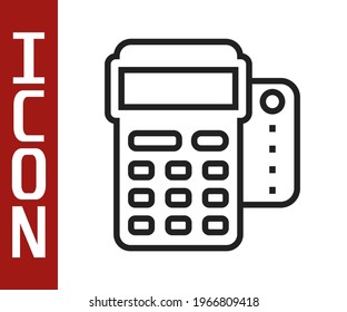 Black line POS terminal with inserted credit card and printed reciept icon isolated on white background. NFC payment concept.  Vector