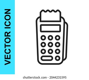 Black line POS terminal with inserted credit card and printed reciept icon isolated on white background. NFC payment concept.  Vector