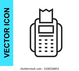 Black line POS terminal with inserted credit card and printed reciept icon isolated on white background. NFC payment concept.  Vector