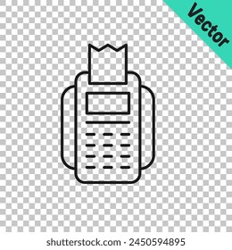 Black line POS terminal with inserted credit card and printed reciept icon isolated on transparent background. NFC payment concept.  Vector